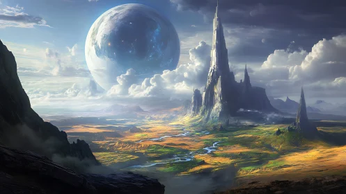 Ringed planet horizon over towering alien citadel landscape