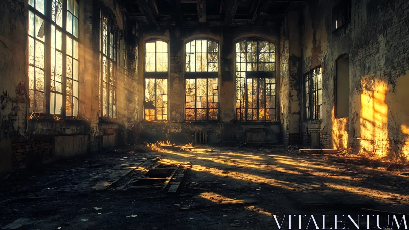 Sunlit abandoned hall reveals dust, decay and broken floor