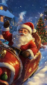 Joyful Santa rides shining sleigh through snowy Christmas town.