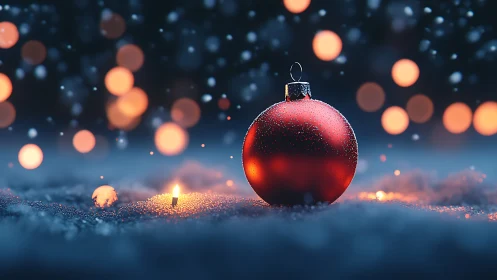 Crimson bauble in snowy bokeh glow on winter nightscape.