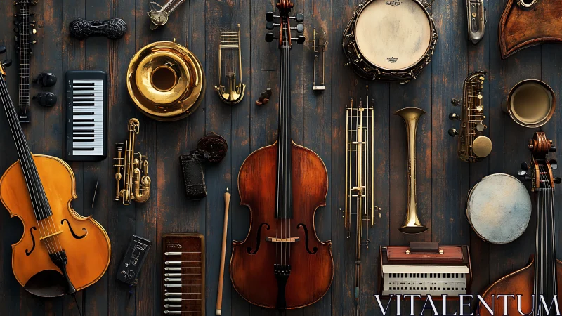 Collection of assorted musical instruments on wooden background.