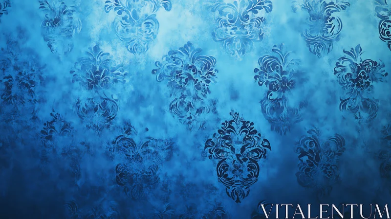 Damask motif diffusion across gradient blue ornamental field.