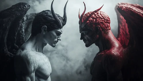 Horned angel and demon confront each other in smoky tension