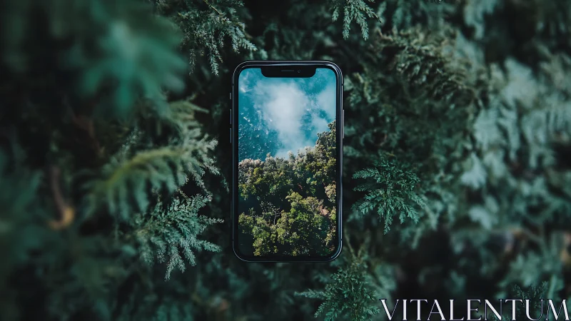 Smartphone centered in dense green foliage, screen shows sky.