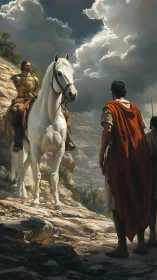 Stormlit war council pauses upon a sun-scarred mountain path