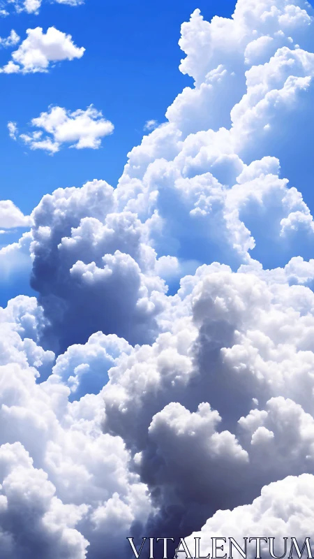 Towering cumulus cloud columns under saturated blue midday sky