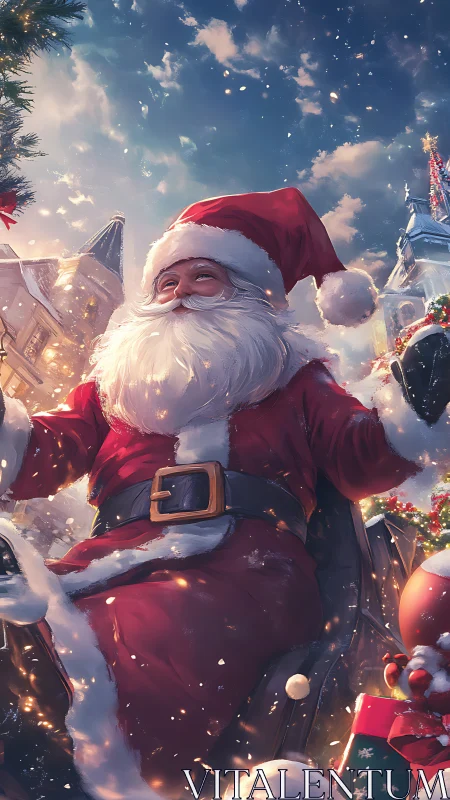 Santa rides through sparkling snowy Christmas village night.