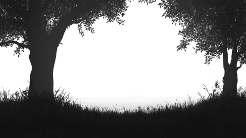 Whispering tree silhouettes framing a quiet dawn meadow.