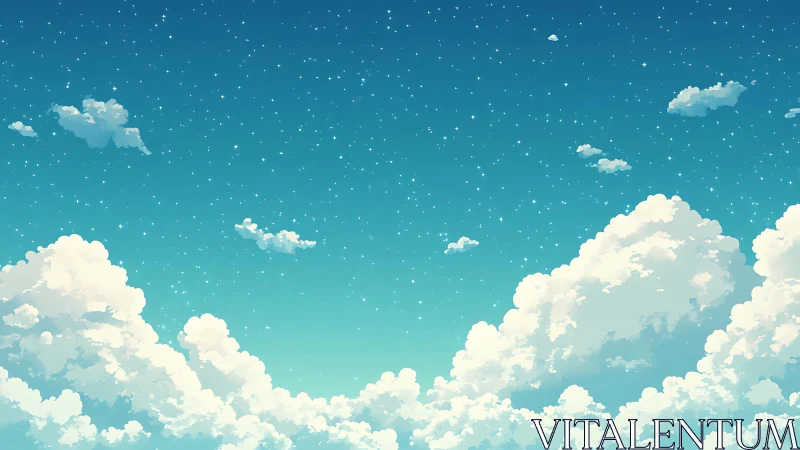 Cumulus cloudscape under teal gradient sky with micro stars