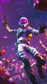 Space commando dives into neon zombie nightclub chaos.