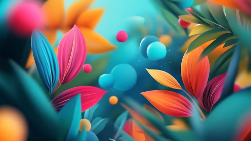 Playful jungle of floating colors and glowing leaves.