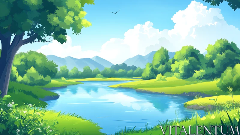 Sunlit river bends through lush valley under soft clouds