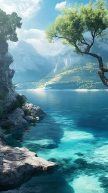 Clifftop trees lean toward glacier-blue water in quiet wonder