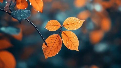 Raindrop-kissed copper leaves quietly glow in cool twilight