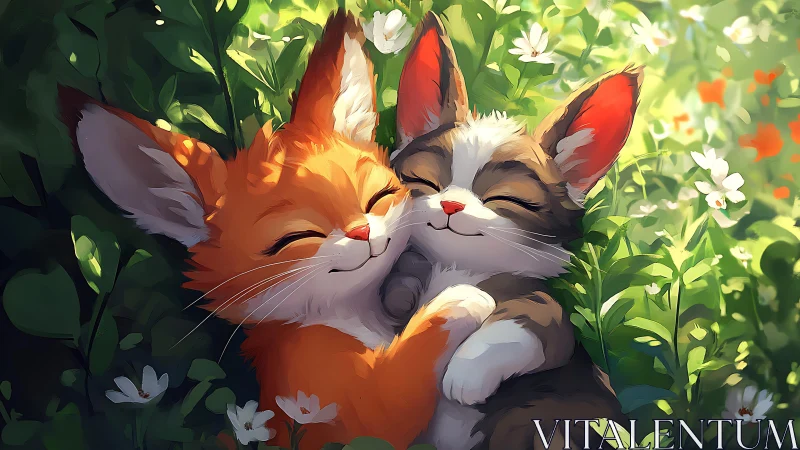 Two Playful Foxes Nuzzling in a Sunlit Wildflower Garden.