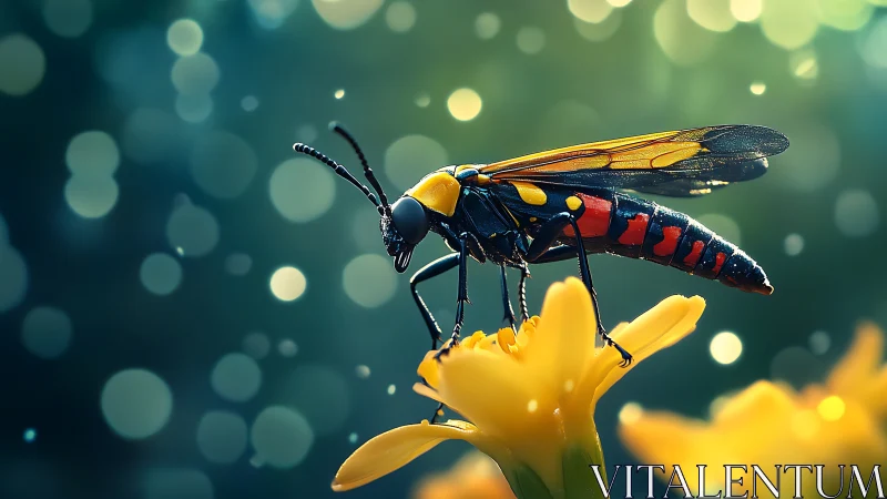 Iridescent wasp in macro profile captures luminous bokeh field