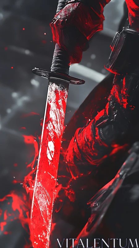Armored hand gripping red energy sword in close view.