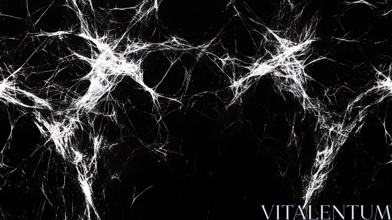 Delicate white web strands drifting across deep black.