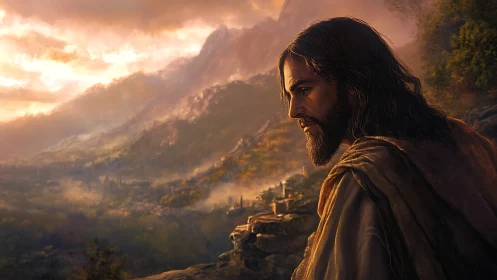 Contemplative robed figure watches a dawnlit mountain valley