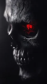 Burnished skull profile with glowing red infernal eye socket