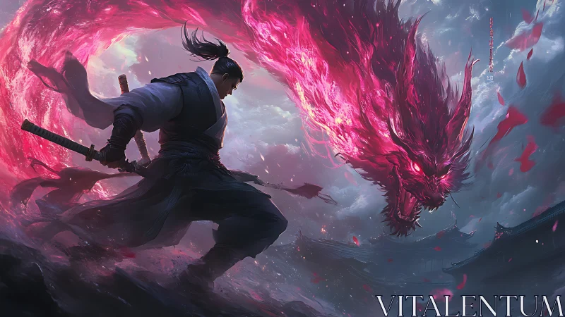 Samurai confronting swirling pink spectral dragon storm.