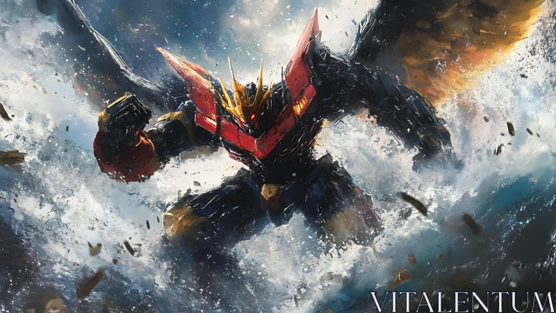 Colossal mecha erupts from stormy sea in dynamic battle stance.