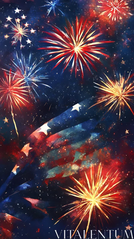 Fireworks burst over abstract American flag night sky
