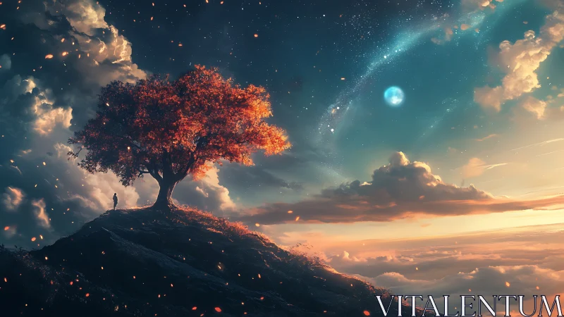 Solitary tree on ridge under star-filled sky at dusk.