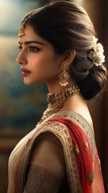 Side profile of woman in ornate saree and gold jewelry