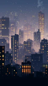 Nocturnal highrise skyline glows through hazy urban mist.