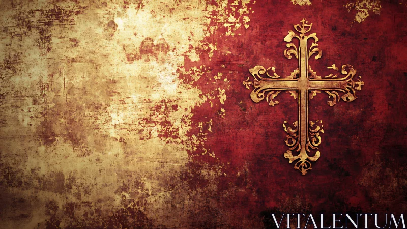 Ornate gold cross on distressed red textured background.