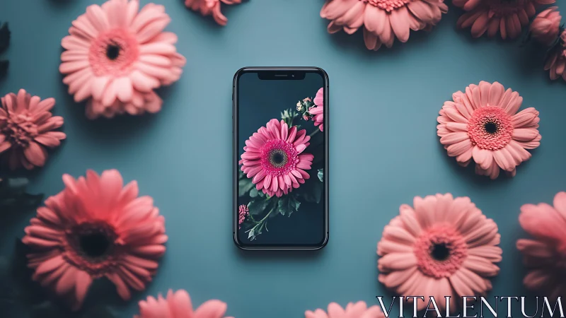 Pink Gerberas Frame a Smartphone's Floral Display.