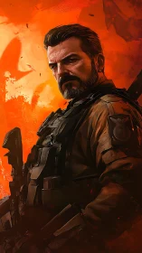 Battle-hardened soldier portrait against fiery orange sky.