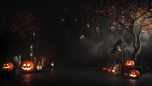 Photorealistic Halloween nightscape with lantern-lit pumpkins.