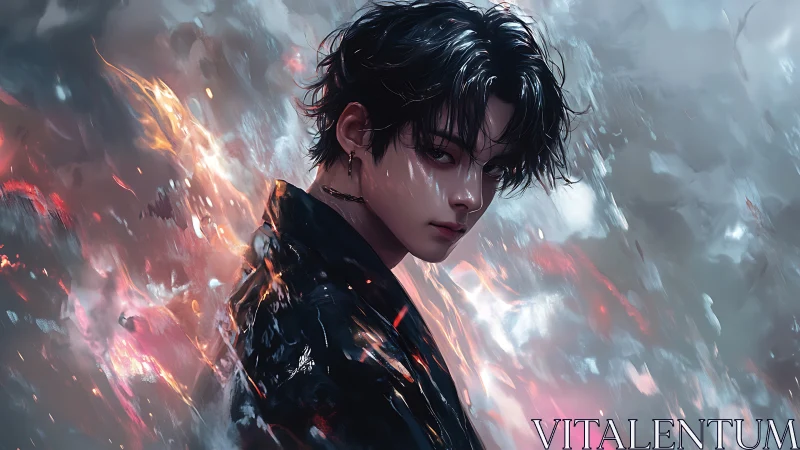 Brooding youth framed by ethereal fire and mist.