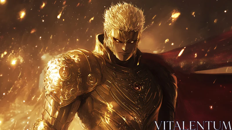 Golden armored warrior in glowing ember-filled environment.