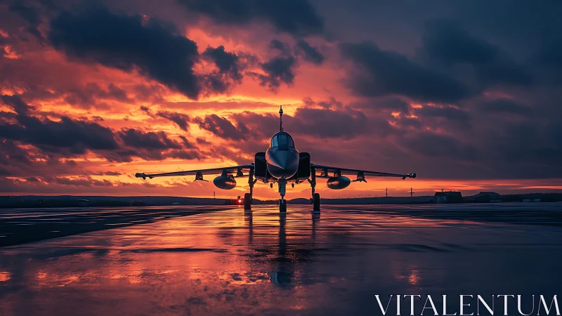 Jet silhouette drinks fire from a storm-lit molten sunset