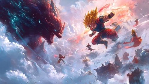 Golden-haired warrior clashes with colossal sky beast.
