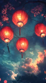Red paper lanterns glowing over night sky and clouds.