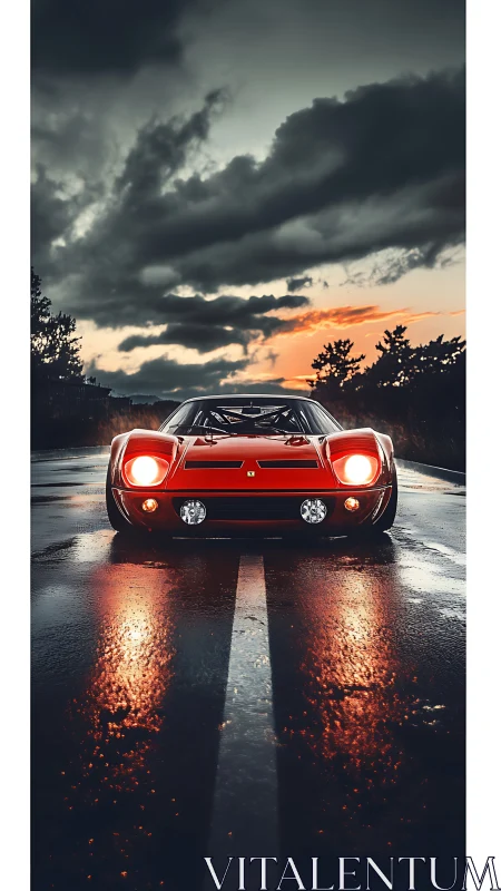 Red sports car on wet road under dramatic evening sky.
