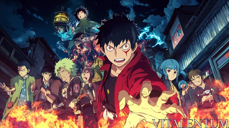 Fiery street heroes surge forward through stormlit night.