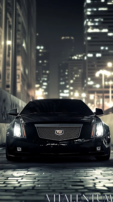 Nocturnal urban frontal view of black Cadillac performance sedan.