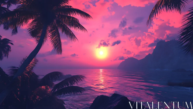 Neon tropical sunset bathes palm-lined coast in dream light
