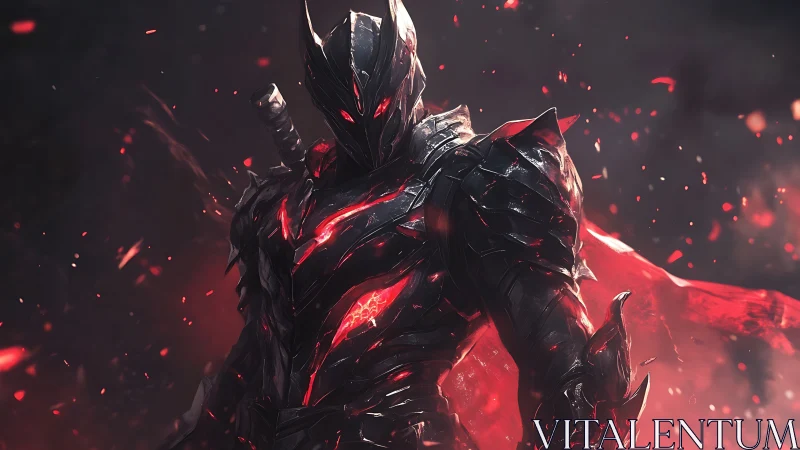 Dark infernal knight rises amid embers and swirling ash