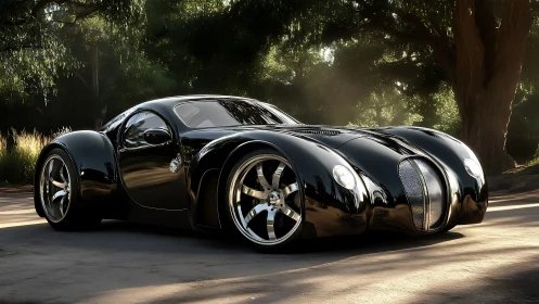 Curvy black supercar resting under soft forest sunlight.