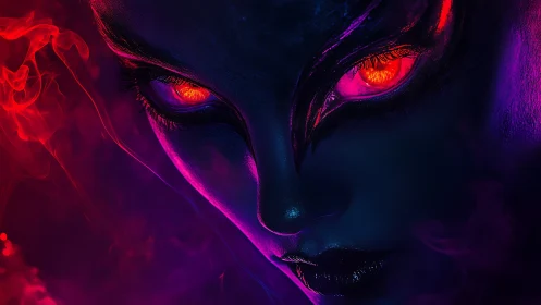 Demonic face glows with molten eyes in neon smoke