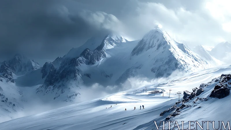 Storm-lit alpine ski resort under towering winter peaks.