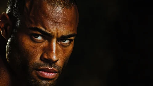 Intense low-key portrait with dramatic side lighting focus.