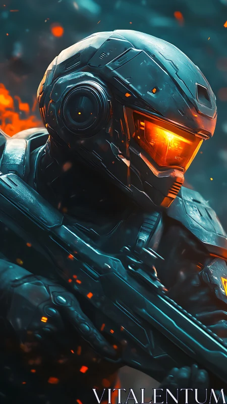 Armored sci fi soldier with emissive visor in dynamic bokeh firefield