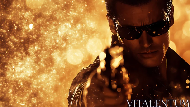 Gunman in sunglasses framed by cinematic golden particle flare